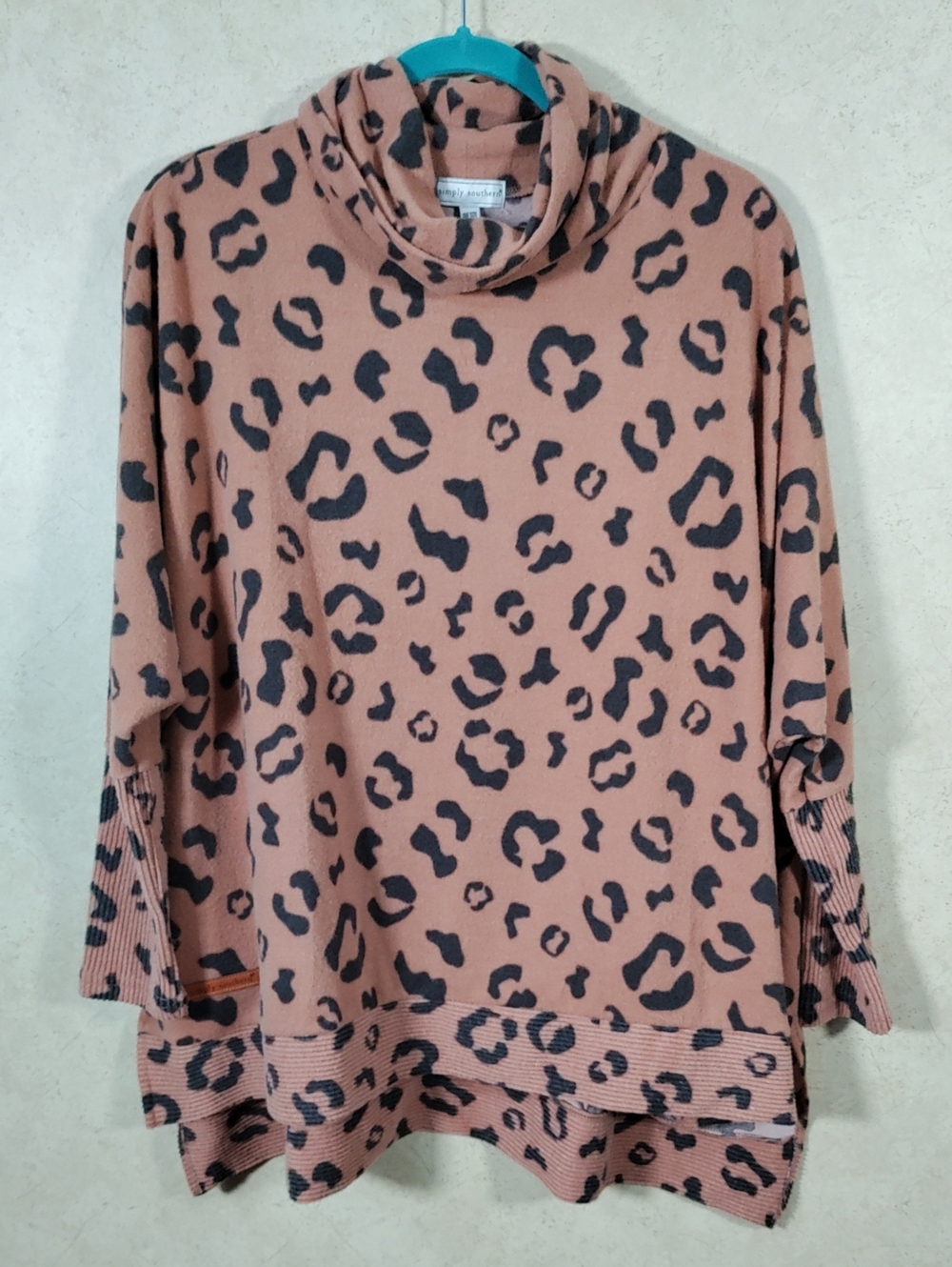 J097 Simply Southern Brown & Black Leopard Cowl Neck Sweater OSFM